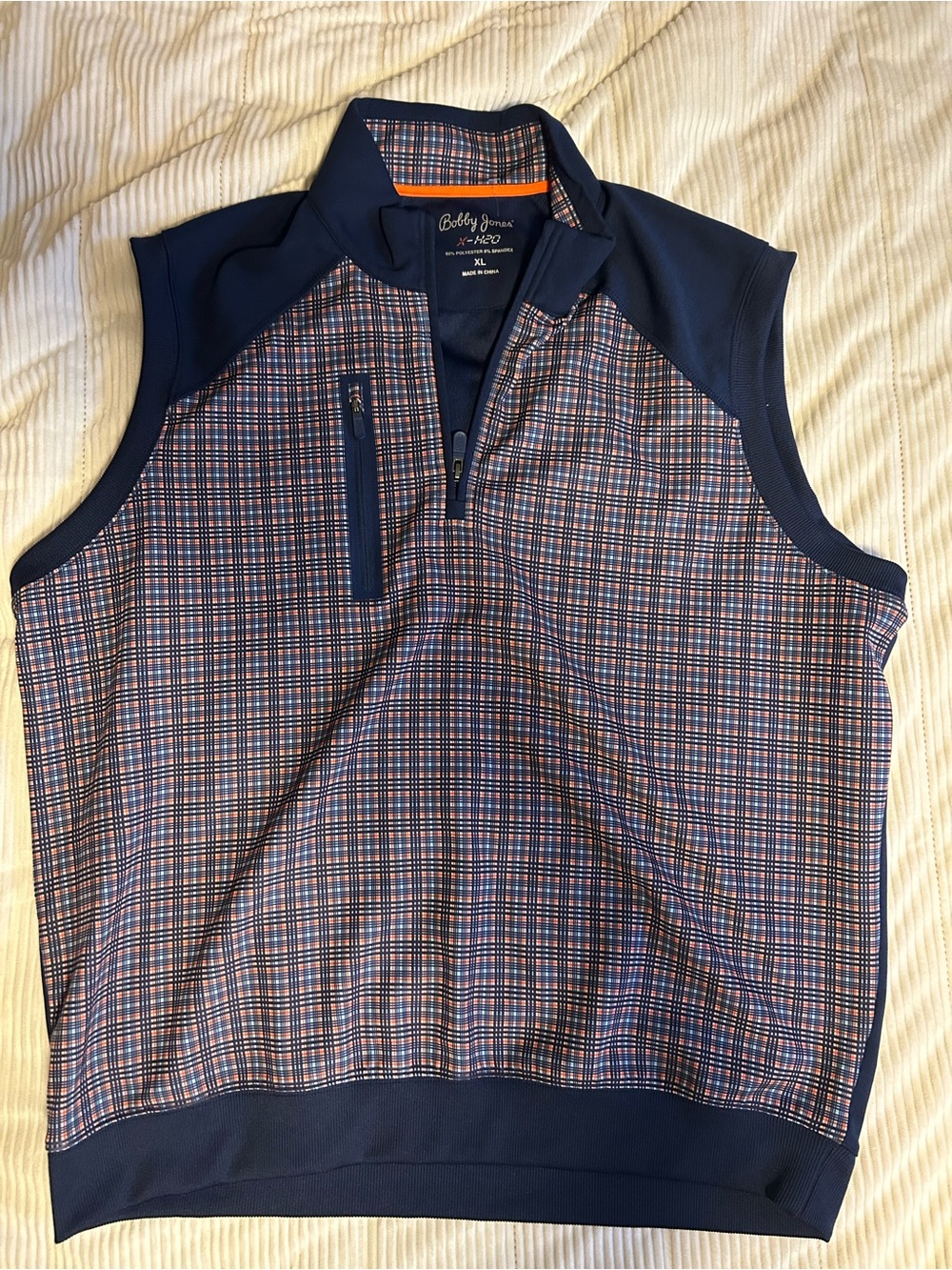 Bobby Jones X-H2O Mens XL Golf Vest Navy Orange Plaid Quarter Zip Pullover
